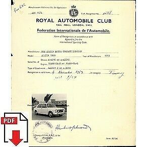 1963 Austin 1100 FIA homologation form PDF download (RAC)